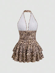 Vestido corto Sweetra de punto negro con cuello en V, espalda abierta, bajo con volantes y cintura fruncida, elegante e informal para mujer, primavera y verano.