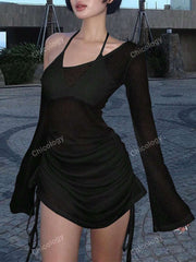 Vestido asimétrico con cuello y mangas acampanadas laterales y cordón ajustable, sin sujetador