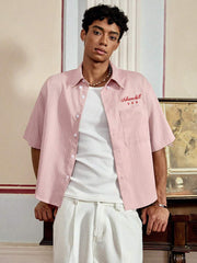 SWAVVY - Pantalones cortos casuales de rayas rojas y blancas de talla estándar para hombre, con camisa bordada holgada, para la escuela