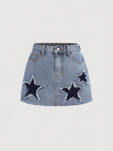 Girlism Tween Girl Summer Y2k Colorblock Star Patched Faded Frayed Baggy Denim Jeans Skirt, Kid's Clothing Outfits