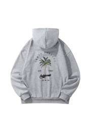 Sudadera informal con capucha para niño preadolescente con estampado de cocoteros, forro térmico grueso para otoño e invierno, ideal para niños activos.