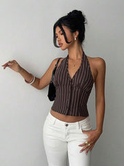 Blazer fino Aloruh de algodón a rayas con cuello alto y botonadura sencilla para mujer