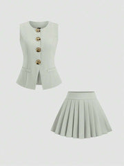 Conjunto de 2 piezas de chaqueta de punto elegante de lujo con botones decorados y minifalda plisada para mujer de Sweetra, ideal para fiesta, estilo Y2K.