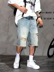 Men's Light Washed Distressed Denim Jean Shorts, US Style Casual Loose Straight Knee-Length Shorts For Summer