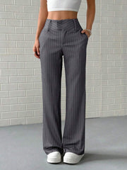 Pantalón de traje a rayas de cintura baja para mujer, elástico, con bolsillos laterales, para primavera y otoño.