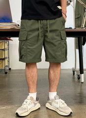 TECCULI Men's Casual Cargo Shorts with Multiple Utility Pockets - Loose Fit Elastic Waistband, Durable Non-Stretch Fabric, Solid Color for Outdoor & Casual Attire