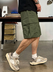 TECCULI Men's Casual Cargo Shorts with Multiple Utility Pockets - Loose Fit Elastic Waistband, Durable Non-Stretch Fabric, Solid Color for Outdoor & Casual Attire