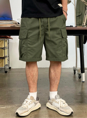 TECCULI Men's Casual Cargo Shorts with Multiple Utility Pockets - Loose Fit Elastic Waistband, Durable Non-Stretch Fabric, Solid Color for Outdoor & Casual Attire