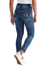 TECCULI Women's Embroidered Flip Pocket Flared Jeans, Retro Casual Pants, College Style