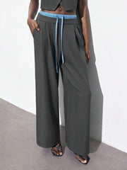 Maija 2025 Summer New Mixed Fabric Waist Drawstring, Bowknot Design Straight Leg Pants, Suitable For Music Festivals, Beaches, Holidays, Casual, Romantic City Vacations, Outings, Weddings, Graduation Attire Fo