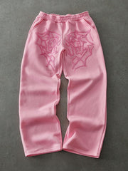 Manfinity Streetrush Men's Young Street Style, INS Matched With High Street Pink Spider Web Creative Heart 3D Embroidery Technique Pink Straight Loose Long Sweatpants. Featuring Oversized Graphic Embroidery Design, T