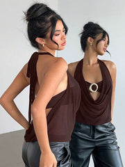 Aloruh - Nuevo chaleco sexy semitransparente con escote pronunciado, espalda descubierta y decoración metálica