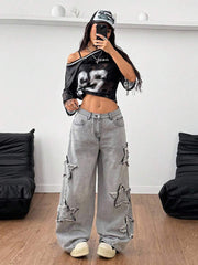 Vaqueros lavados Coolane para mujer, estilo rapero, estilo deportivo, estilo grunge con estampado de estrellas