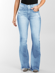 TECCULI Women's Vintage Washed Double Waistband Flare Leg Jeans, Suitable For Commuting, Autumn