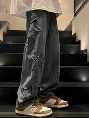 ROMWE MEN Street Life Solid Color Star Patched Casual Jeans With Pockets, School