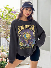 Sudadera EZwear informal con estampado de sol y mariposas, cuello redondo, corte holgado, para mujer, otoño-invierno, manga larga