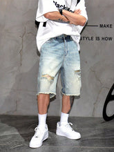 Men's Light Washed Distressed Denim Jean Shorts, US Style Casual Loose Straight Knee-Length Shorts For Summer