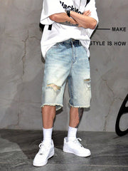 Men's Light Washed Distressed Denim Jean Shorts, US Style Casual Loose Straight Knee-Length Shorts For Summer