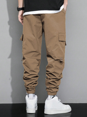 TECCULI Men's Casual Cargo Pants with Flap Pockets - Sports Style Polyester Overalls, 100% Polyester, Non-Stretch Fabric with Alphabet Pattern, All-Season Regular Length, Elastic Waist, Weekend Casual Loose-Fit - Multi-Pocket Design fo