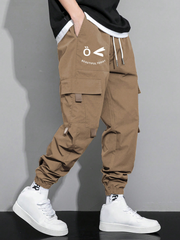 TECCULI Men's Casual Cargo Pants with Flap Pockets - Sports Style Polyester Overalls, 100% Polyester, Non-Stretch Fabric with Alphabet Pattern, All-Season Regular Length, Elastic Waist, Weekend Casual Loose-Fit - Multi-Pocket Design fo