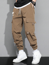 TECCULI Men's Casual Cargo Pants with Flap Pockets - Sports Style Polyester Overalls, 100% Polyester, Non-Stretch Fabric with Alphabet Pattern, All-Season Regular Length, Elastic Waist, Weekend Casual Loose-Fit - Multi-Pocket Design fo