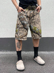 Manfinity LEGND Men's Casual Tree Branch Print Camo Green Baggy Denim Shorts Jorts, For Husband, Boyfriend Gifts