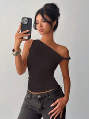 Women's Fashion Solid Color Asymmetric Neck Blouse, Summer