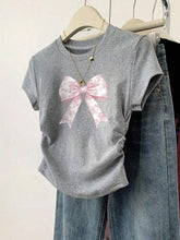 Wildeya Tween Girl Casual Minimalist Pink Bow & Ruffle Print Waist T-Shirt