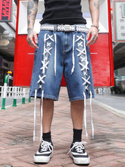 Manfinity EMRG Men's Streetwear Medium Wash Denim Bermuda Shorts With White Lace-Up Detail And Pockets Avant-Garde Style