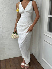 Sunnyshic - Vestido largo de corte A con escote en V y estampado floral con textura de florecitas