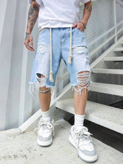 Manfinity EMRG Loose Men Cotton Ripped Frayed Raw Hem Denim Shorts