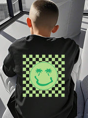Camiseta de manga corta con estampado de palmera y cara sonriente para niño preadolescente, ideal para jugar en la playa.