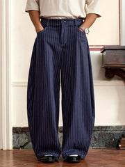 SWAVVY Men's Fashion Casual Woven Oversized Blue Striped 3D Letters Embroidered Baggy Pants, For Daily Summer School