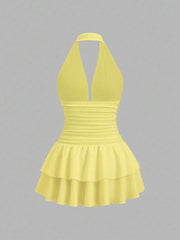 Vestido corto Sweetra de punto negro con cuello en V, espalda abierta, bajo con volantes y cintura fruncida, elegante e informal para mujer, primavera y verano.