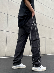 TECCULI Manfinity EMRG Men's Reflective Letter Patch Cargo Pants Baggy Long Slacks Plain Black Going Out, Men's Streetwear Cargo Pants, Hypemode Cargo Pants, Back To School