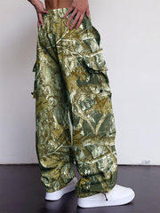 TECCULI Vintage Y2K Camouflage Cargo Pants for Men, Multi-Flap Pocket Design, Loose Fit Casual Outdoor Trousers, Mid Waist with Belt Placket, Non-Stretch Woven Polyester, Regular Length, Streetwear Hip-Hop Style