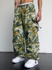 TECCULI Vintage Y2K Camouflage Cargo Pants for Men, Multi-Flap Pocket Design, Loose Fit Casual Outdoor Trousers, Mid Waist with Belt Placket, Non-Stretch Woven Polyester, Regular Length, Streetwear Hip-Hop Style
