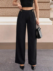 EURMUSE Women Solid Color Button Detailed Design Wide Leg Pants