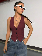 StreetHx 1pc Women's Solid V-Neck Front Button Sleeveless Thin Blazer Jacket