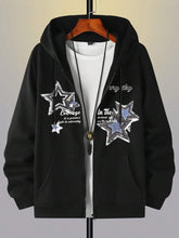 Manfinity EMRG Men's Slogan & Pentagram Print Drop Shoulder Long Sleeve Zip Collar Casual Hoodie, AutumnWinter