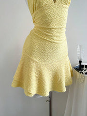 Elamini - Vestido corto informal de verano para mujer, de tejido de punto, color liso, con doble capa, volantes, cuello halter y lazo