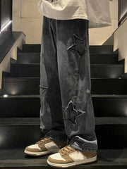 ROMWE MEN Street Life Solid Color Star Patched Casual Jeans With Pockets, School