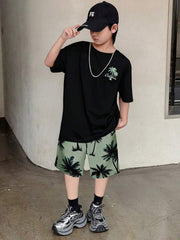 Tween Boys' Coconut Tree Pattern Beach Style T-Shirt And Shorts