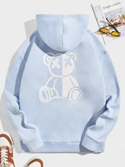 SWAVVY Men Bear Print Drawstring Thermal Lined Hoodie, Light Blue Graphic Long Sleeve Thick Casual Hoodie, For Friends, Husband, Boyfriend Gifts