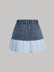 Tween Girls Fashion Elegant Colorblock Pleated Bowknot Detailed Denim Short Skirts, Girls Fall Clothes Back To School Outfits