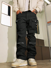 TECCULI Men'S Fashion Solid Color Mid Waist Regular Fit Street Style Non-Stretch Pants, Adjustable Zipper Cuff, Multiple Pockets, Deconstructed Stitching, Metal Accessories, Slim Fit, for Outdoor Camping, Hiking, Skateboarding, Daily W