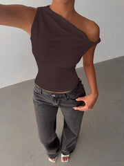 Women's Fashion Solid Color Asymmetric Neck Blouse, Summer