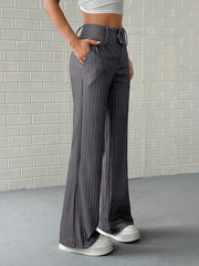 Pantalón de traje a rayas de cintura baja para mujer, elástico, con bolsillos laterales, para primavera y otoño.