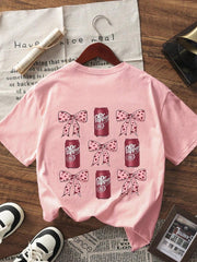 1pc Girls Short Sleeve Bow Print Pullover T-Shirt, Comfortable & Fashionable Summer Top For Student & Young Lady