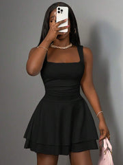 Vestido corto Slaydiva de verano para mujer, informal, básico, deportivo, dulce, con escote cuadrado fruncido y doble capa, corte A